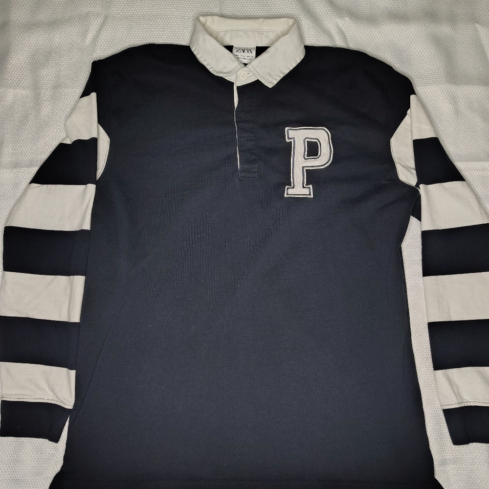 Navy and White Striped Long Sleeve ZARA Polo Shirt - Picture 3 of 9